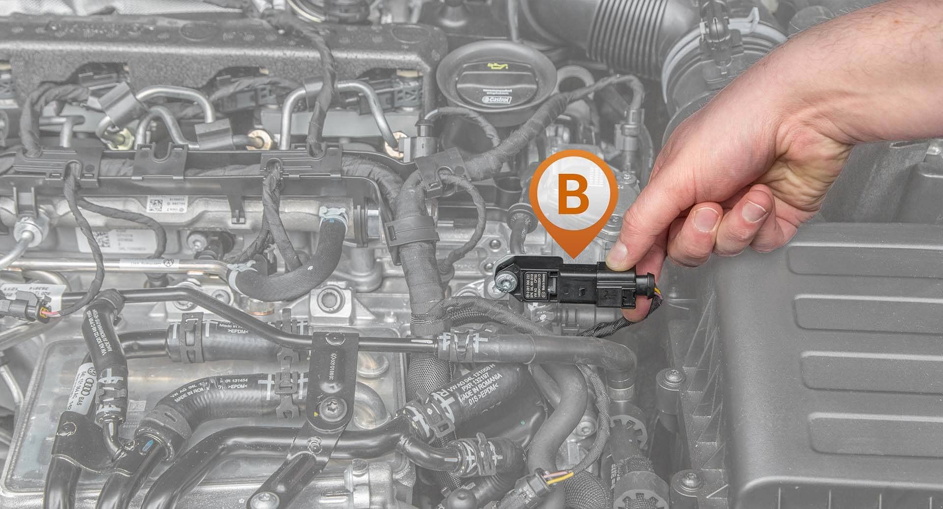 Connection to the turbo-boost pressure sensor (B)