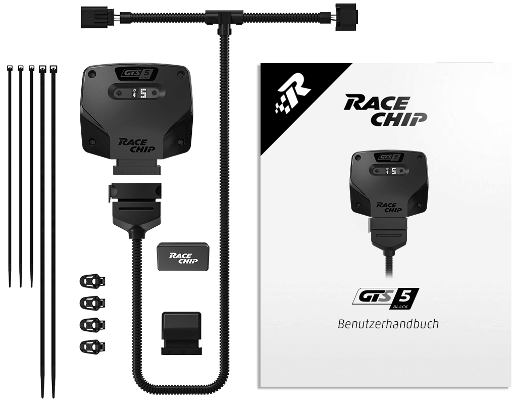 Scope of delivery RaceChip GTS 5 Black: control unit, vehicle-specific wiring harness, OEM connector, 360° mounting clips, cable ties and user manual.
